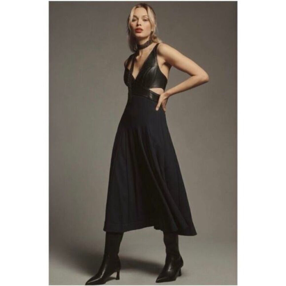 Anthropologie Black Leather-Trim Midi Dress